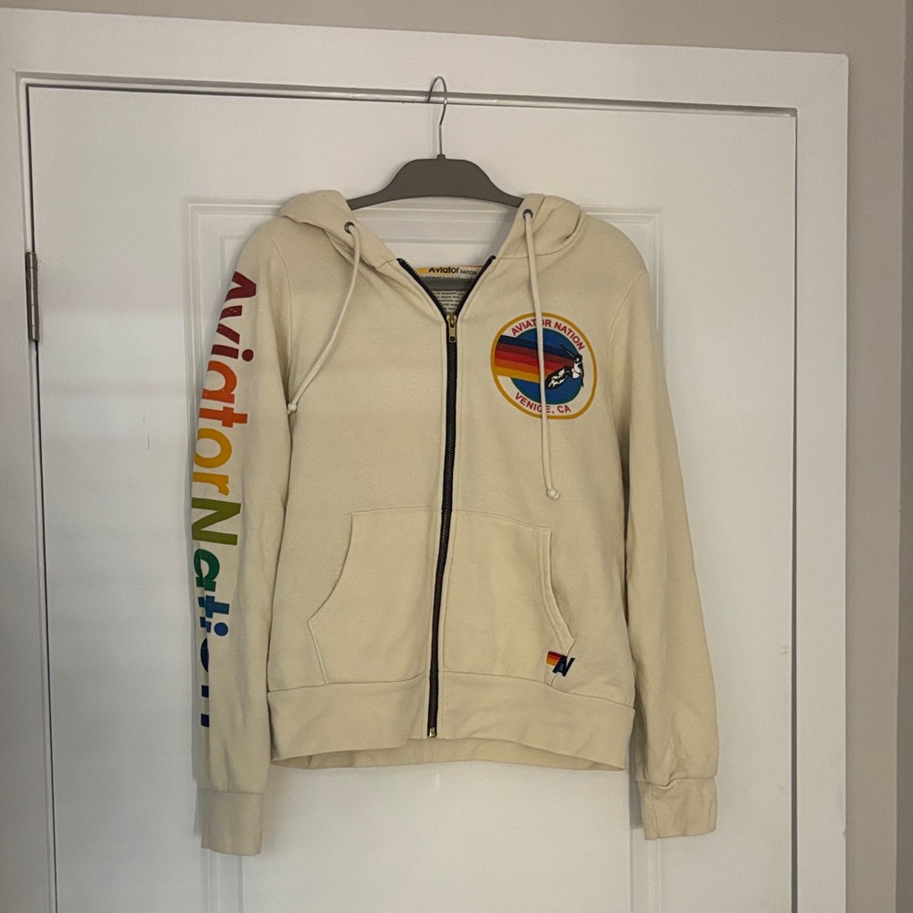 Aviator Nation Cream Zip-Up with Rainbow Accents